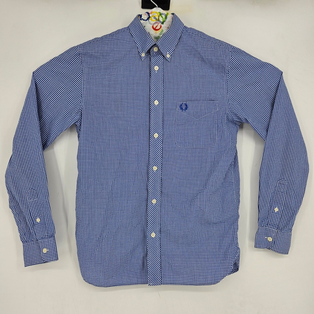 Fred Perry Shirt Mens Small Button Down Blue Check Casual Preppy Long Sleeve